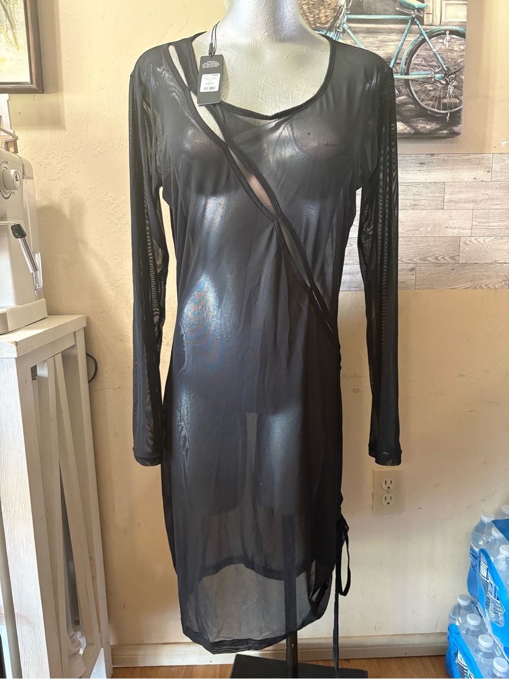Fashion Nova Black Sheer Long-Sleeve Mesh Dress